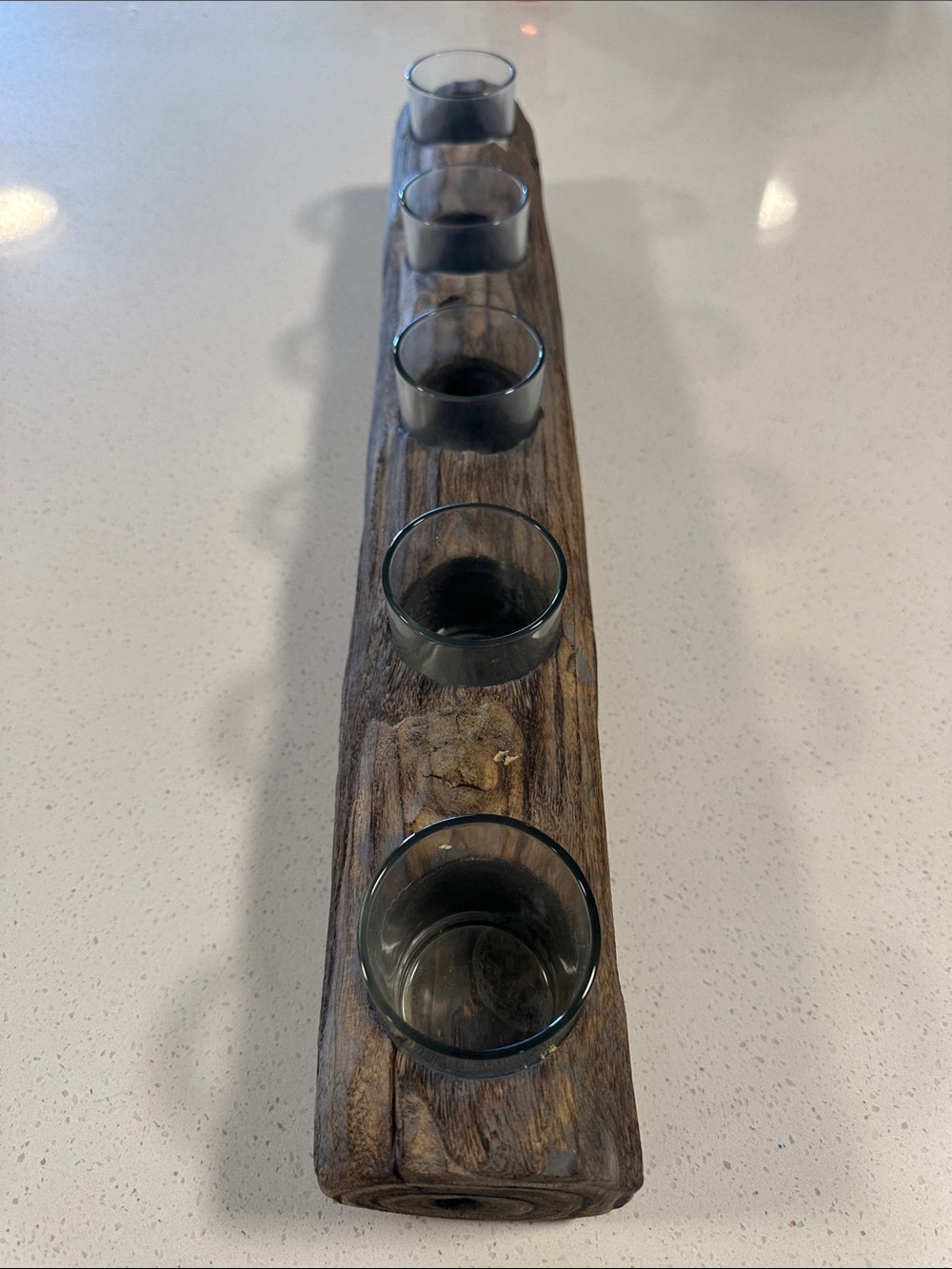 Rustic Wooden Flight Paddle with Five Glass Cups For Candles,Etc.